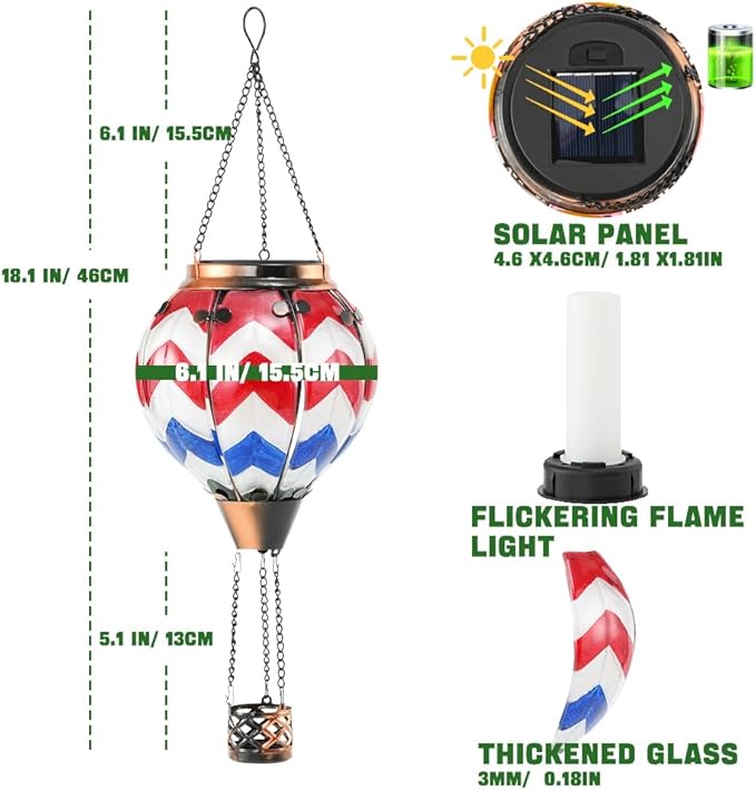 U.S Flag Hot Air Balloon Solar Lantern - Simulated Flickering Flame Stained Glass Light for Outdoor, Yard Hanging/ Waterproof IP65, Ideal 4th of July Gift for Patriot Veterans Patio Decor