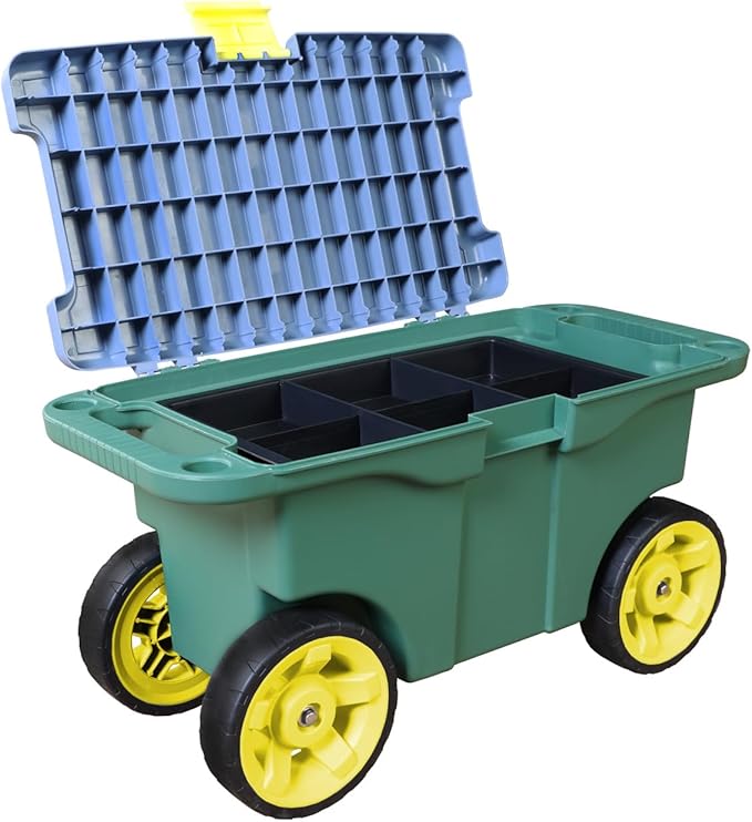 Torin AG594B Garden Cart Scooter and Seat: Garden Stool with Bench Seat and Interior Tool Tray, Rolling Storage for Weeding and Planting, Green/Blue/Black