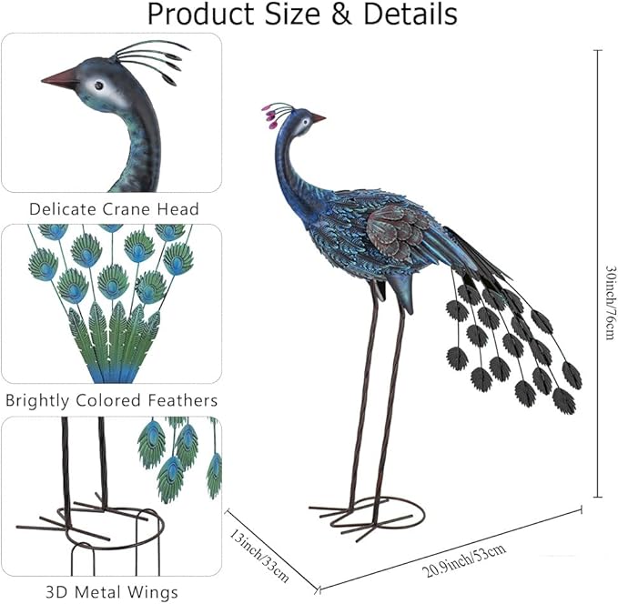 VEWOGARDEN Peacock Outdoor Garden Sculptures & Statues Metal Peacock Yard Art for Lawn Patio Pool Outside Decorations