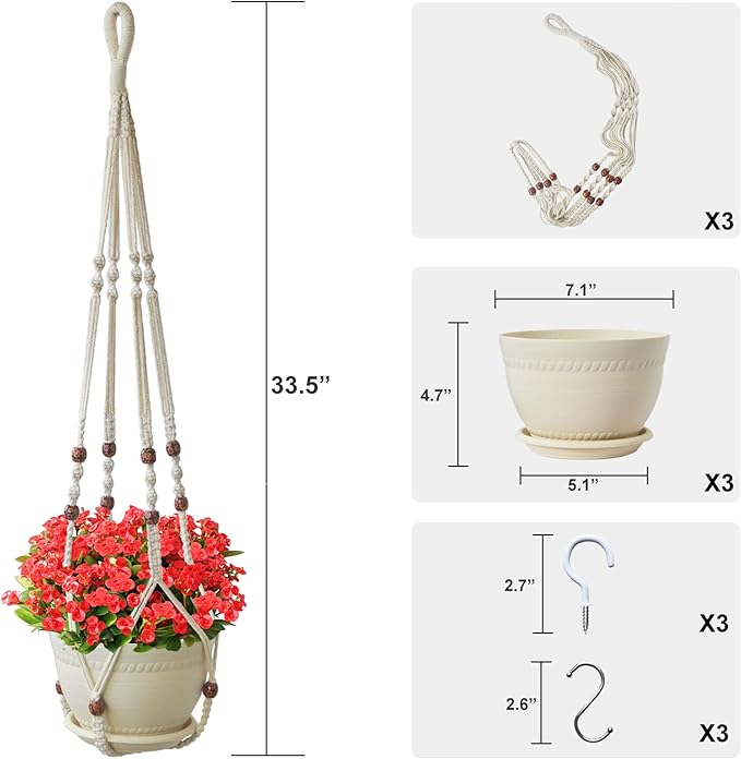 Macrame Plant Hanger with Pot, 3 Set Hanging Planters for Indoor Plants, Handmade Cotton Rope Boho Home Decor, Idea Gift for Anyone, Includes Plant Holders, Pots, Plates and Hooks (Ivory)