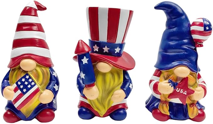Spring & Summer-Themed Garden Statues – Adorable Outdoor Decor for Lawn, Patio & Porch (Patriotic Gnome Trio Figurines, 6" Set of Three Garden Statues and July 4th Decoration)