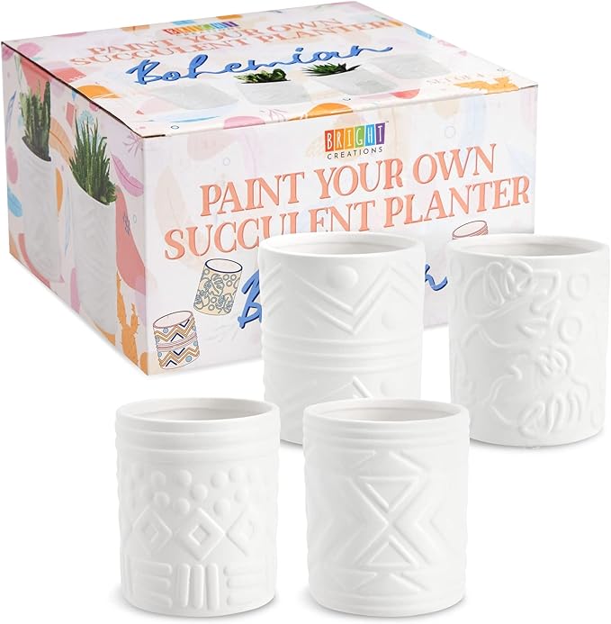Bright Creations - Themed Designs, Unpainted Flower Pots with Drainage Holes, Rubber Plugs, and Small Sticker Pads (3x3x4 inches, White) - Set of 4