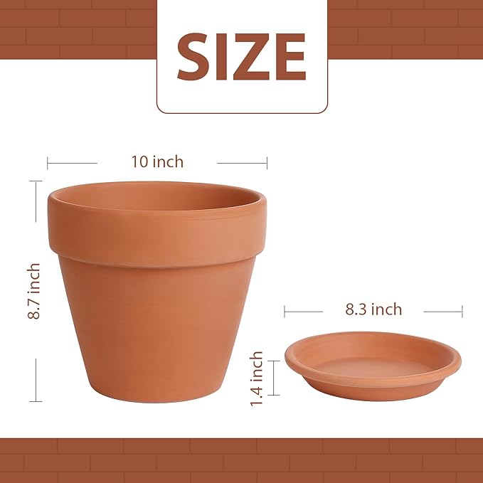 INGOFIN Terracotta Pot with Saucer - 10 Inch Ceramic Clay Pot for Plants with Drainage Hole, Terra Cotta Pot with Tray for Indoor Outdoor Plants
