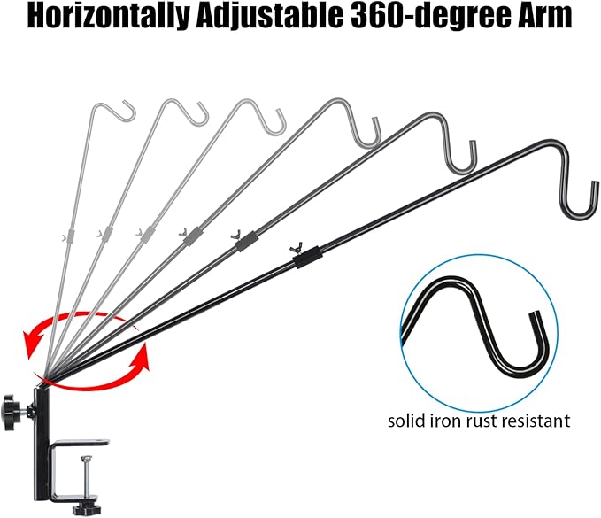 FEED GARDEN 31 Inch Heavy Duty Deck Hook, Non-Slip Clamp, 360 Degree Swivel, Black for Bird Feeders, Planters, Suet Baskets, Lanterns, Wind Chimes, 2 Pack