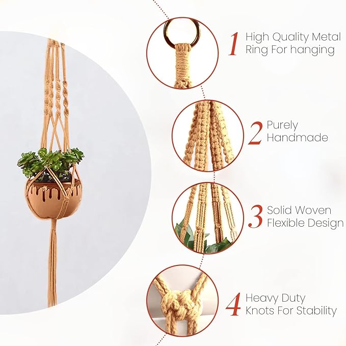 Macrame Plant Hangers - 6 Pack, Brown, Indoor/Outdoor, 11.9 lbs Capacity, Ready to Hang