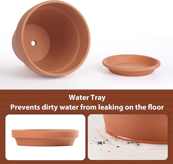 INGOFIN Terracotta Pot with Saucer - 10 Inch Ceramic Clay Pot for Plants with Drainage Hole, Terra Cotta Pot with Tray for Indoor Outdoor Plants