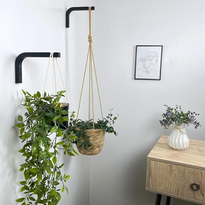 2-Piece Set of Plant Hooks for Wall 6 inch - Mounted Wooden Plant Hook - Indoor and Outdoor Bracket Plant Hanger for Planters, Lanterns, Bird Feeders, Patio Decorations (Black)