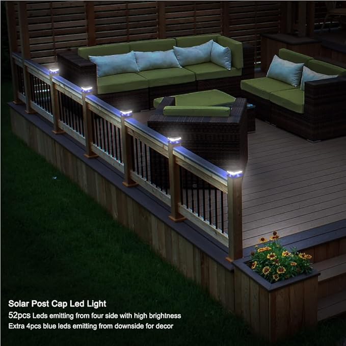 Sumaote Solar Post Lights 160LM 52 LED - 6x6 Posts Solar Light Outdoor Fence Deck Post Cap Lights fit 4x4 5x5 6x6 Wood Posts, IP65 Waterproof for Garden Porch Patio, 6000K White Lighting, 2 Pack