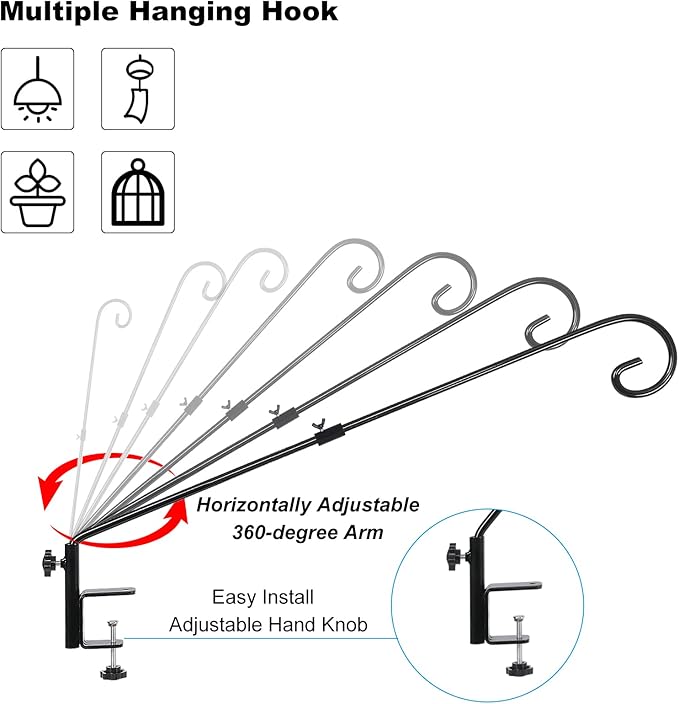 FEED GARDEN 31 Inch Heavy Duty Deck Hook for Railing 2 Pack, Non-Slip Clamp, 360 Degree Swivel, for Hanging Bird Feeders, Plants, Lanterns, Suet Baskets, Wind Chimes, Black