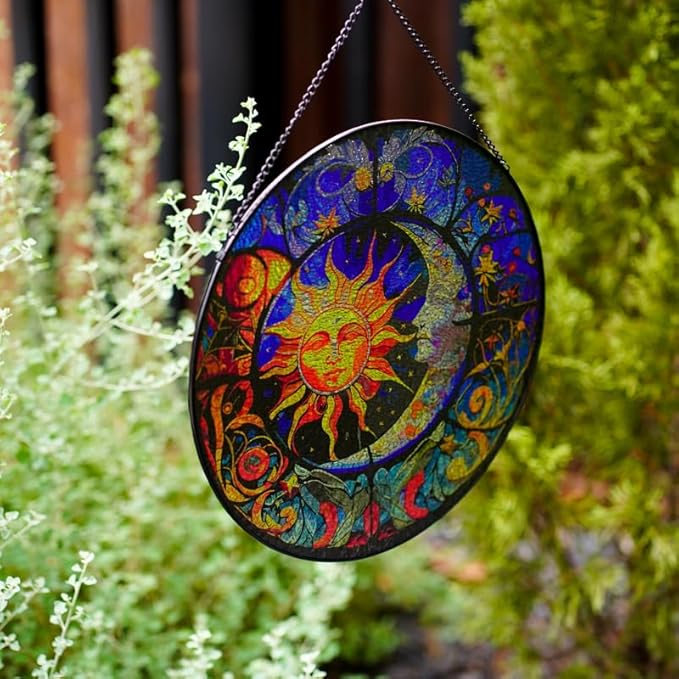 Stained Glass Suncatcher,Sun and Moon Artistic Window Hanging,7.8” Hand-Painted Glass Panel Wall Home Decor,Gift for Women Garden Decor Suncatcher (Sun and Moon), BL009
