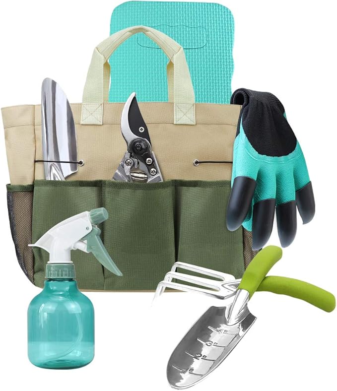 Garden Tools Set with 3 Pcs Aluminum Gardening Tools, 1 Pc Pruning Shear, 1 Pc Mister Spray Bottle, 1 Pc Foam Kneeler,1 Pair Garden Gloves with Claws and 1 Pc Gardener Bag, Gifts for Mom Dad