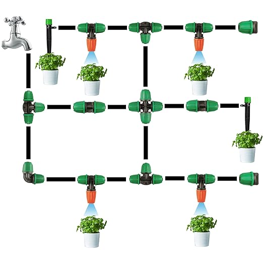 Drip Irrigation Fittings Kit for 1/4" Tubing, 65 Pcs Drip Line Lock Barbed Connectors for Drip Systems - 18 Couplings, 15 Tees, 12 End Caps,1 0 Elbows, 5 Cross Connectors, 5 Misters Nozzles