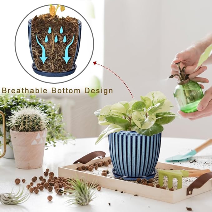 Oairse Ceramic Pots for Indoor Plants, 4.9 +5.7 inch Pots for Plants Set of 2 Blue Plant Pots with Drainage Holes and Saucers Texture Ceramic Planters Indoor Outdoor Flower Pots for Succulent