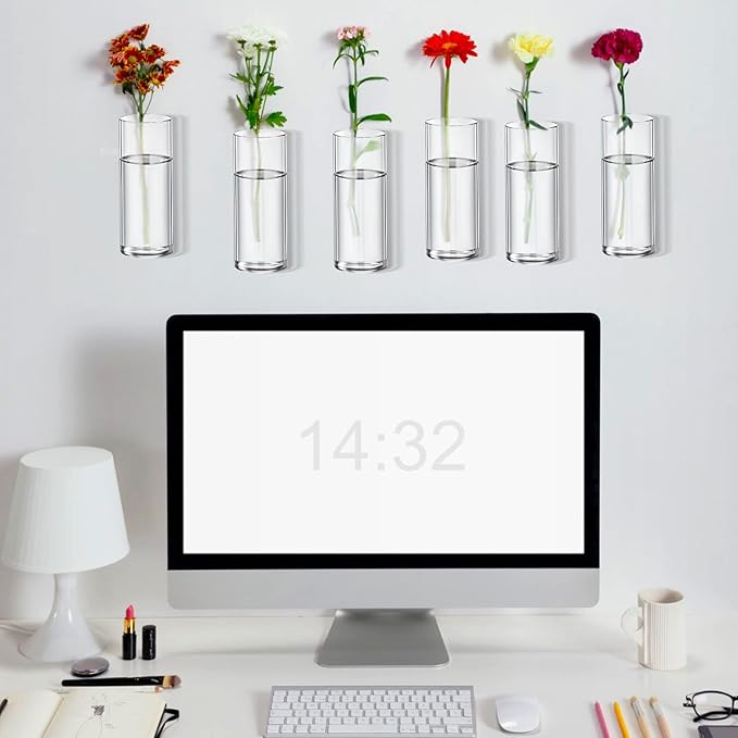 Baderke 6 Pcs Glass Wall Vase for Plants Indoor Hanging Propagation Planter Container Holder with Plastic Invisible Traceless Hangers Hydroponic Plant Succulent Garden Wedding Decor