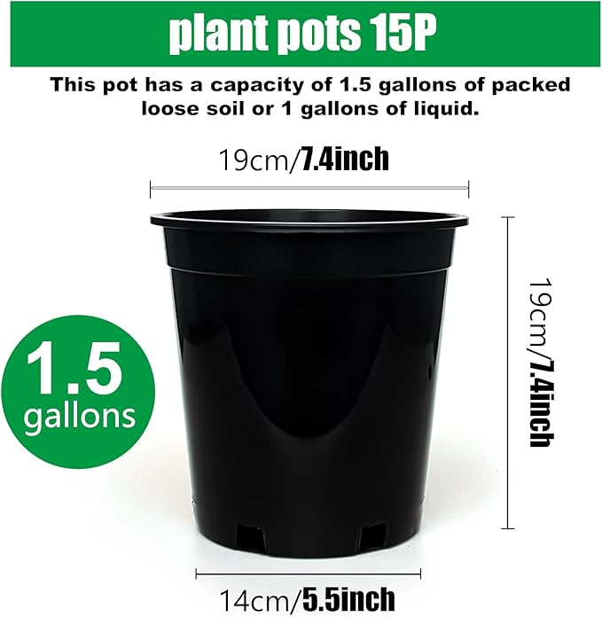 1.5 Gallon Plastic Nursery Pots, 7.5 Inch Round Plant Pots with Drainage Holes, 15 Pack Flower Pots for Outdoor Indoor Plants, Flowers, Black