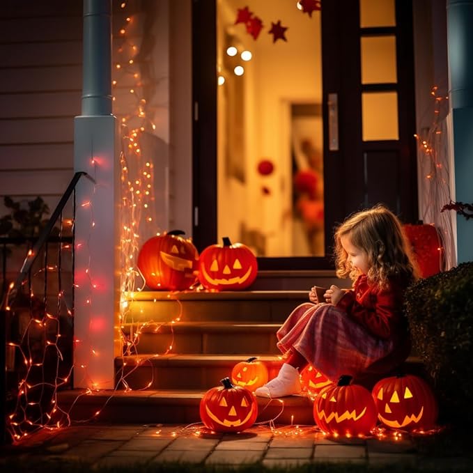 JMEXSUSS 66ft 200 LED Thanksgiving Lights Outdoor, Orange String Lights Indoor Clear Wire, 8 Modes Orange Christmas Lights Plug in for Fall Autumn Harvest Tree Garden Patio Thanksgiving Decorations