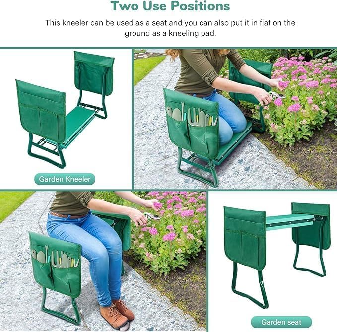 iPower 2-in-1 Garden Kneeler and Seat with 5 Pack 10 Gallon Potato Grow Bags, 2 Removable Tools Pouch and Soft Kneeling Pad, No Assembly, Portable Heavy Duty Garden Stool for Women Men Seniors