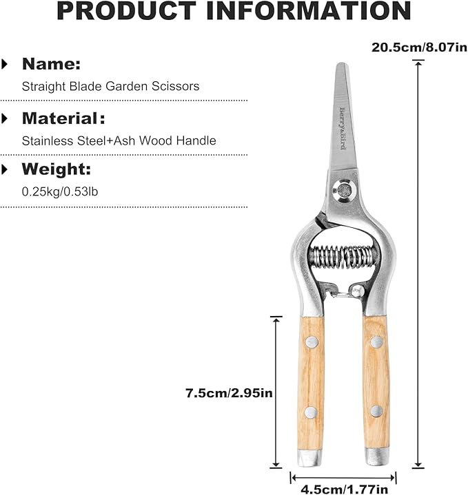 Berry&Bird Straight Pruning Shears with Stainless Steel Blades Garden Hand Pruner 8'' Scissors with Wooden Handle Clippers for Gardening Trimming Cutting Bonsai