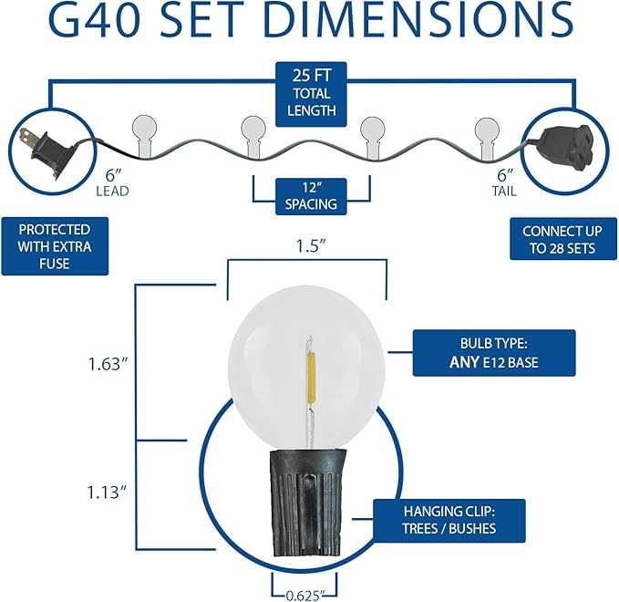 Novelty Lights 25 Feet G40 LED Patio String Lights with 25 Bulbs, Warm White, Weather Resistant and Shatterproof Replaceable Plastic Globe Bulbs, Brown Wire