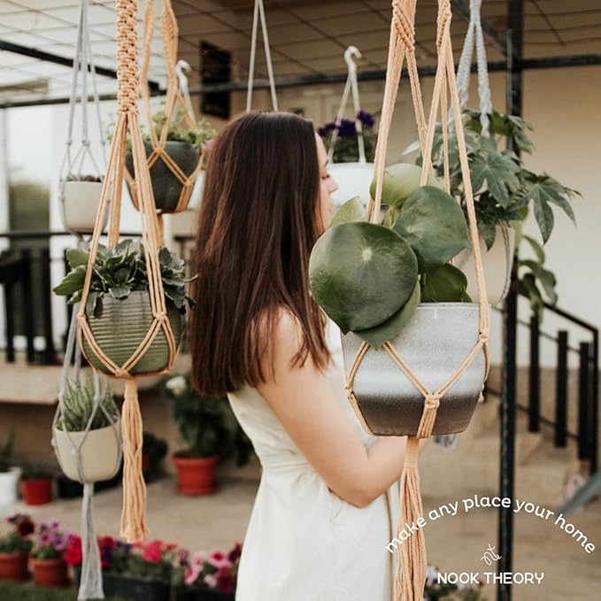 6-Pack Macrame Plant Hanger - 12 Ceiling Hooks, Plant Hanger Indoor, Hanging Plant Holder, Hanging Planters for Indoor Plants, Boho Plant Hanger, Plant Hangers Indoor Macrame (Caramel)