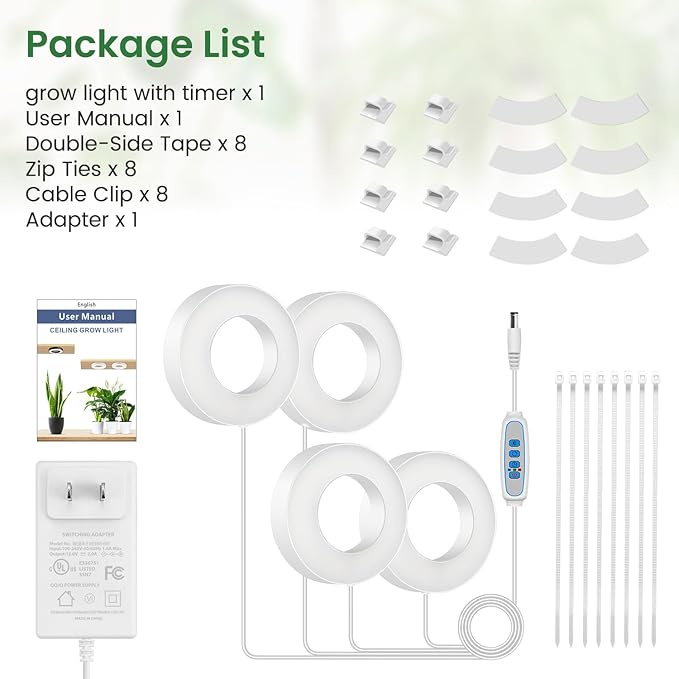 Ceiling Grow Lights for Indoor Plants, 192 LEDs Full Spectrum Plant Lights for Indoor Growing with 6/12/16H Timer, Cable Clips for Tidy Setup, 3.54" Grow Lamp for Small Plants (4-Head)