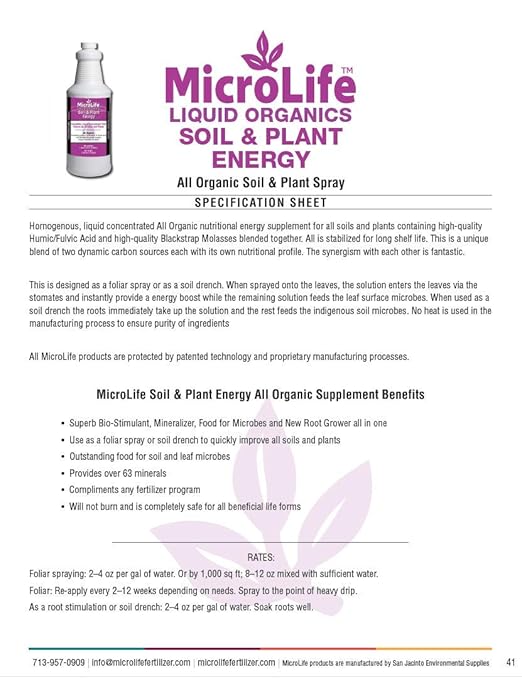 MicroLife Soil & Plant Energy Liquid Organic Concentrate Humic/Fulvic Acid & Molasses Foliar Spray or Root Stimulator, 1 QT