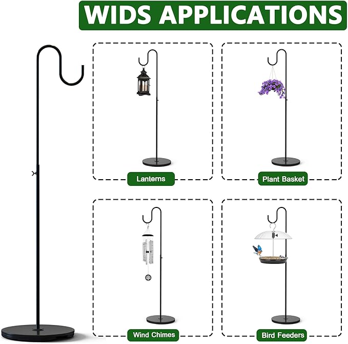 2 Pack Plant Stand Indoor Outdoor, Heavy Duty Wind Chime Holders, Hanging Plant Stand, 33" - 59" Adjustable Shepherds Hooks, Hold 16 lbs - Black