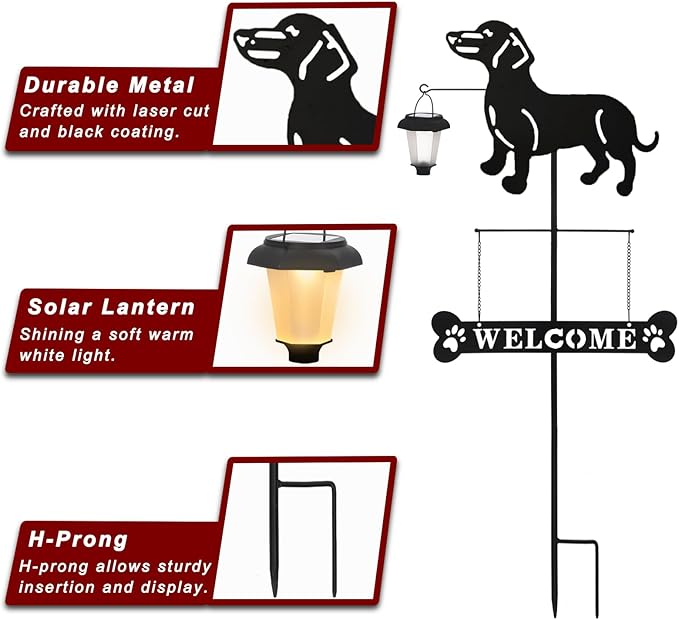 BAYN Solar Dachshund Silhouette Dog Breed Welcome Sign with a Lantern Outdoor Decorative Garden Stakes for Yard, Lawn, Patio, Pathway