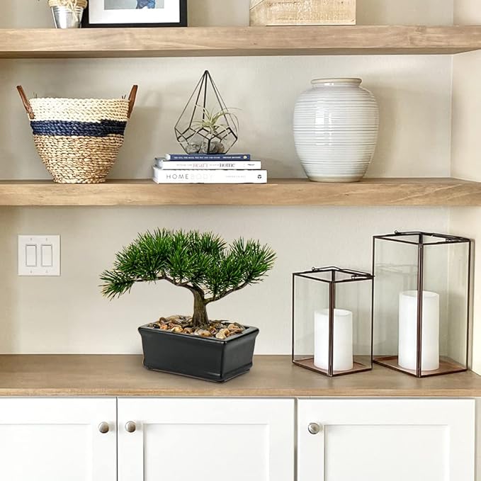 DILATATA Fake Bonsai Tree Zen Juniper Bonsai Plant 6.5” Tall Artificial Bonsai Trees with Black Ceramic Pot Decorated with Pebbles Desk Plant Indoor Bonsai for Home Office Decor