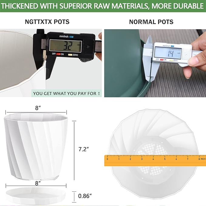 8 Inch Plant Pots with Drainage Holes and Saucers - Flower Pots for Indoor Plants - White Plastic Planters for Outdoor Plants - House Planting Pots Set