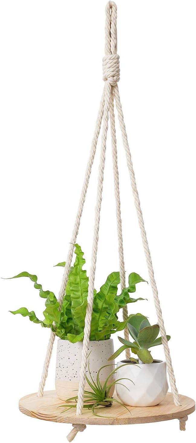 Dahey Hanging Plant Shelf Round Wood Rope Hanging Floating Shelf Vintage Home Decor Display Planter Rack for Living Room Bedroom Kitchen Room,Nature