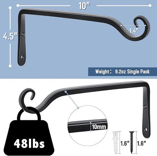 FEED GARDEN Wall Hook Hanging Plant Bracket 10 Inch 2 Pack, Hand-Forged Plant Hanger for Hanging Bird Feeders, Wind Chimes, Flower Baskets, Yoga Mat, Indoor/Outdoor Use, Black