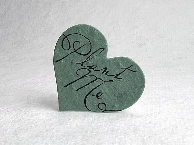 Of The Earth Handmade Paper - Wildflower Seed Paper Small Heart Tags - Calligraphy Variations - 1.75" X 1.5" - Set of 50 (Plant Me 14s Green Lotka)