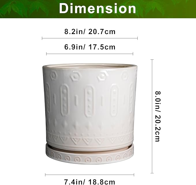 Ceramic Planter for Indoor Plants - 8 Inch Plant Pot Outdoor Flower Pot with Drainage Holes and Saucer Modern Round Planter Succulent Pot for Home Garden Decor White