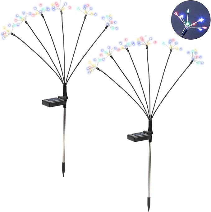 Solar Garden Decor Lights Outdoor, Solar Powered Lights Waterproof for Yard Patio Porch Flowerbed, Fairy Gardening Supplies Gifts Firwork(2 Pack Multi-Colored)