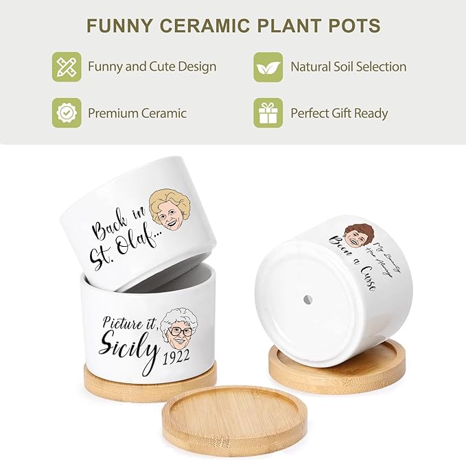 Funny Succulent Pots Set of 4 - Golden Inspired Merchandise Ceramic Mini Plant Pot with Bamboo Tray, Cute Planter for Indoor Decorations, Gifts for Women