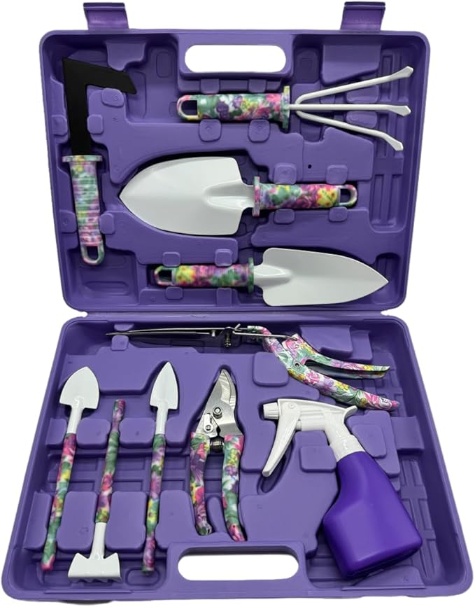 Garden Tool Set 15pcs, Potable Durable Gardening Tools Gift with Anti-Rust Shovel Shears Water Sprayer Digging Claw Gloves Store Case Ideal Gardening Set for Women Great Gift Purple