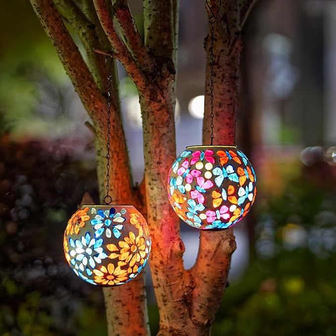 Solar Lanterns Outdoor Waterproof, Hanging Mosaic Flower Solar Lantern with Hook, Hanging Gazing Ball Globe Lantern for Garden Patio Yard Decor