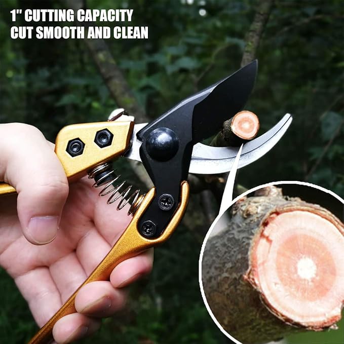 BUGUI 8" Heavy-Duty Pruning Shears, Professional Bypass Gardening Scissors, 1" Cutting Capacity, Sharp Garden Clippers with Low-friction Painted Stainless Steel Blade (Gold)