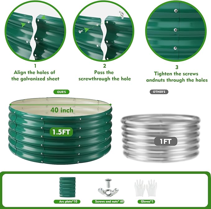 17" Tall Round Outdoor Garden Raised Garden Bed Kits- 0.8MM Thick Metal Raised Planter Bed/Ground Planter Box for Variety of Flowers,Herbs,Vegetables (Dark Green, 40 inches Diameter)