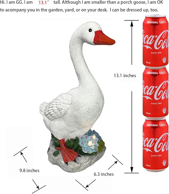 Resin GG Goose Statue with Two Solar Lights, Small Size, Garden Lawn Décor, Table Desk Corner Front Steps Decor, 13.1 inches Tall, White Duck, Indoor/Outdoor, by GGTown TM