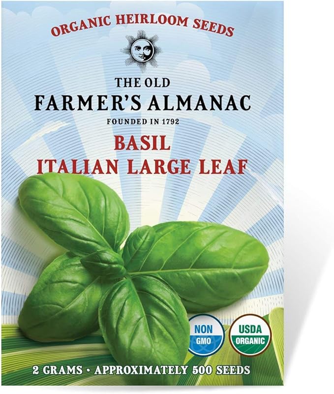 The Old Farmer's Almanac Organic Basil Seeds (Italian Large Leaf) - Approx 450 Seeds - Certified Organic, Non-GMO, Open Pollinated, Heirloom
