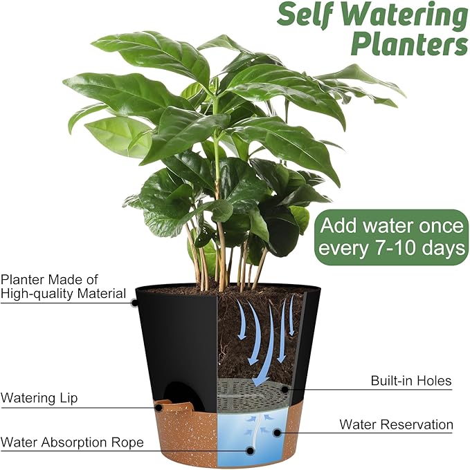 10-Inch Plant Pots, Self-Watering Planters with Drainage Holes & Saucers for Indoor and Outdoor Plants (2-Pack, Black)