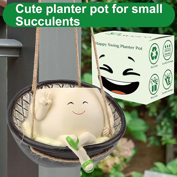 Hanging Swing Chair Planter Pot Resin Smile Face Plant Pot for Indoor Outdoor Plants Cute Head Flower Pots for Succulent String of Pearls Unique Gift for Mother's Day, Birthday