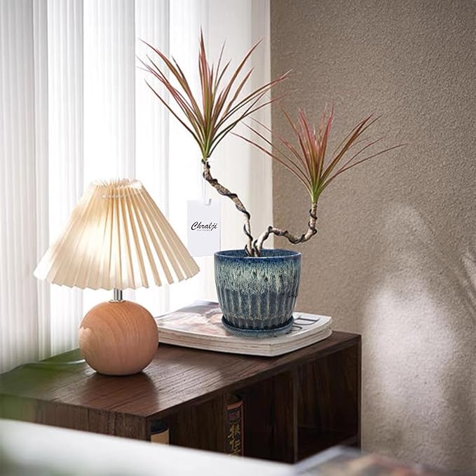 Ceramic Pots for Plants, 6 inch Pots for Plants, Ceramic Planters for Indoor Plants, Flower Pots with Drainage and Saucer, Reactive Glaze Blue