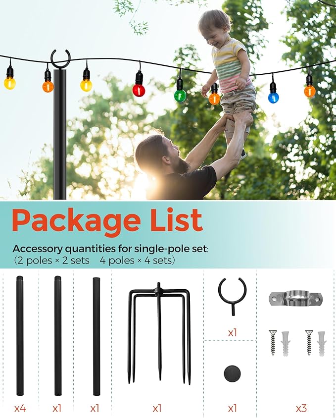 LAND·VOI 2 Pack String Light Poles, 9FT Heavy Duty Metal Light Poles for Outside String Lights, Outdoor Light Poles with 5 Prong Fork, Lighting Stand for Patio, Backyard, Garden, Deck, Black FLP12B