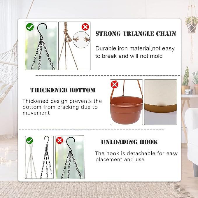 Hanging Planters for Indoor Plants (10 Inch, 2 Pack) Hanging Flower Pots Self Watering, Hanging Planter with Drainage Hole & 2 Kinds of Plant Hangers, Garden Home Decor (Black)