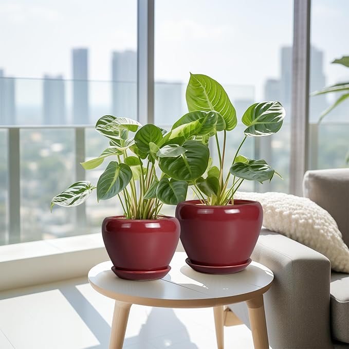 Ceramic Pots for Plants - 10 Inch 8 Inch 6 Inch Plant Pots with Drainage Holes and Saucers Large Planters for Indoor Plants Decorative Outdoor Flower Pots Set of 3 Red