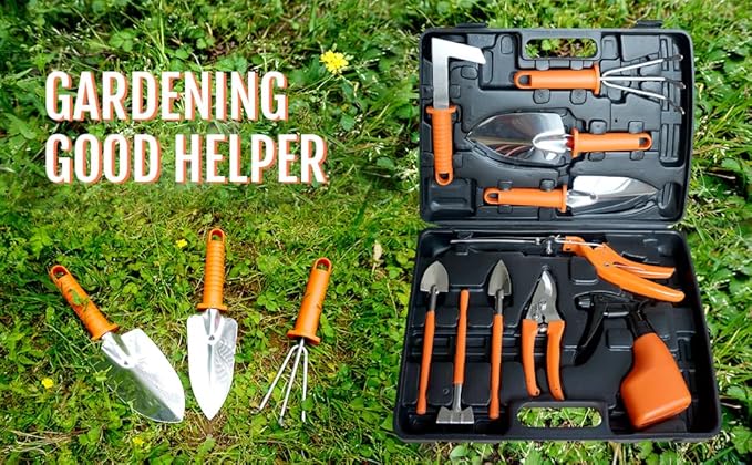 10 Pieces Gardening Tools Set, Ergonomic Handle Sprayer, Pruner,Shears,Grass Cutter,Hand Trowel,Rake,Shovel,Glove,Outdoor Garden Tools with Carrying Suitcase,Ideal Garden Tool Gifts for Women
