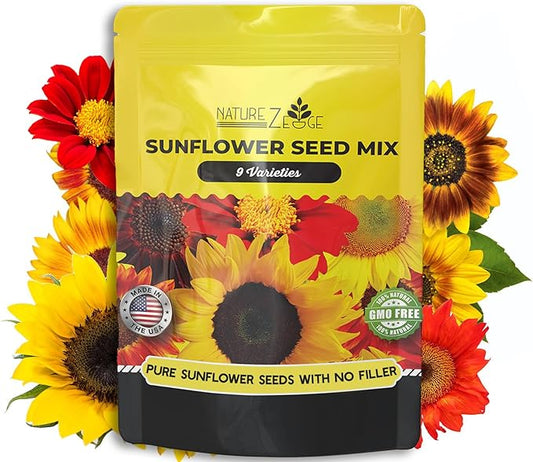 NatureZ Edge 1300+ Sunflower Seeds Garden Variety Pack, Bulk Sunflower Seeds for Planting Flowers, Get More Sunflower Seeds to Plant, Mammoth, Dwarf, Lemon Queen, Giant and More. 2oz Packet